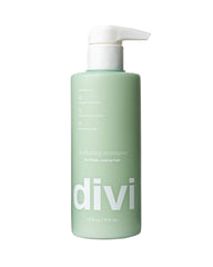 Divi Hydrating Shampoo bottle closeup, vegan formula for gentle cleansing.