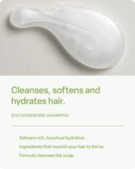 Divi Hydrating Shampoo lather demonstrates thorough scalp cleansing and buildup removal.