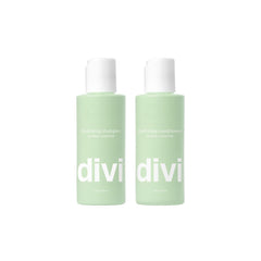 Divi Hydrating Shampoo travel set bottle closeup, lightweight 2 oz packaging for on-the-go hydration