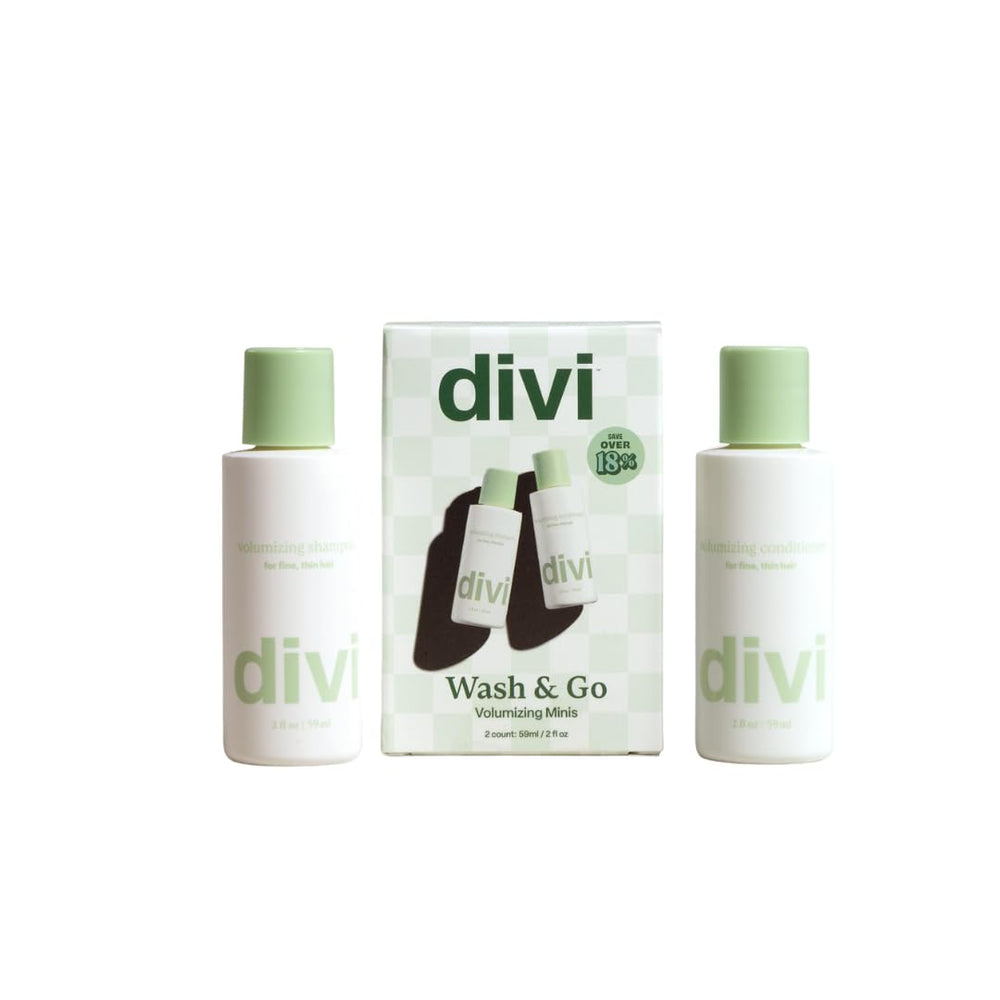 Divi Mini Volumizing Shampoo bottle showing lightweight volume for fine hair.