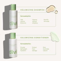 Divi Mini Volumizing Shampoo bottle pour emphasizes quick deep cleanse on the go.