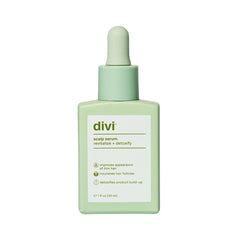 Divi Scalp Serum bottle close-up, lightweight residue-free daily care for thinning hair