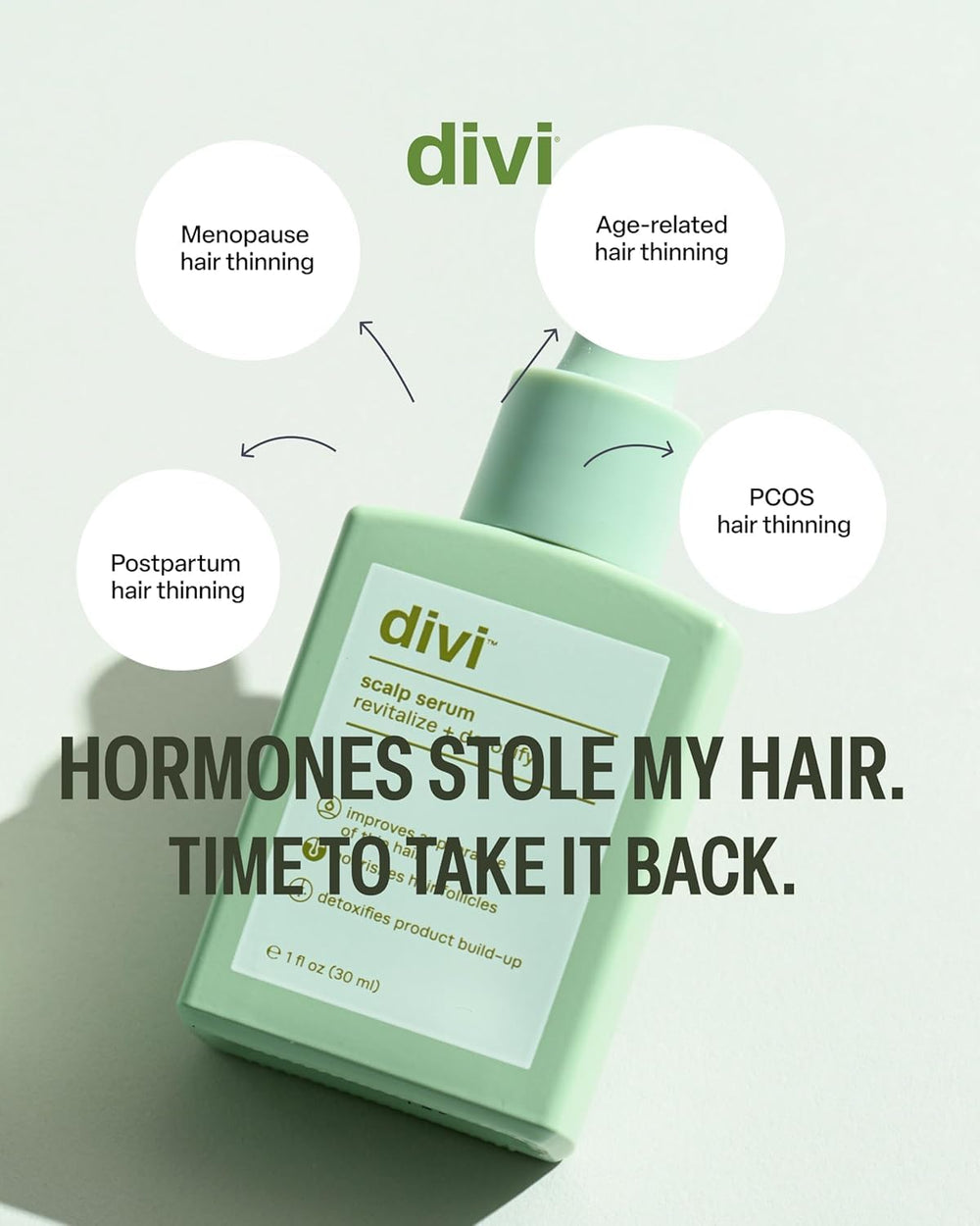 Divi Scalp Serum packaging close-up highlights clean design.