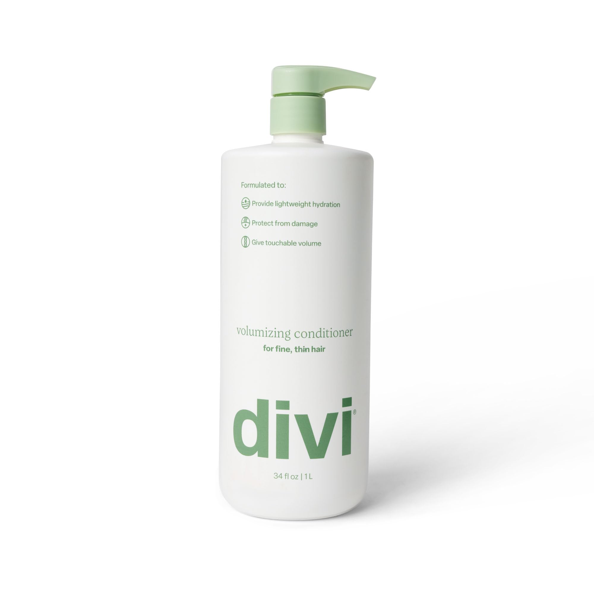 Divi volumizing conditioner bottle pour shows lightweight hydration for fine hair.