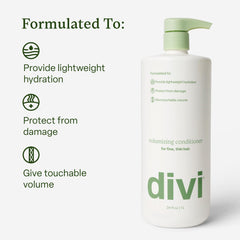 Divi volumizing conditioner applied to hair ends adds volume and definition.