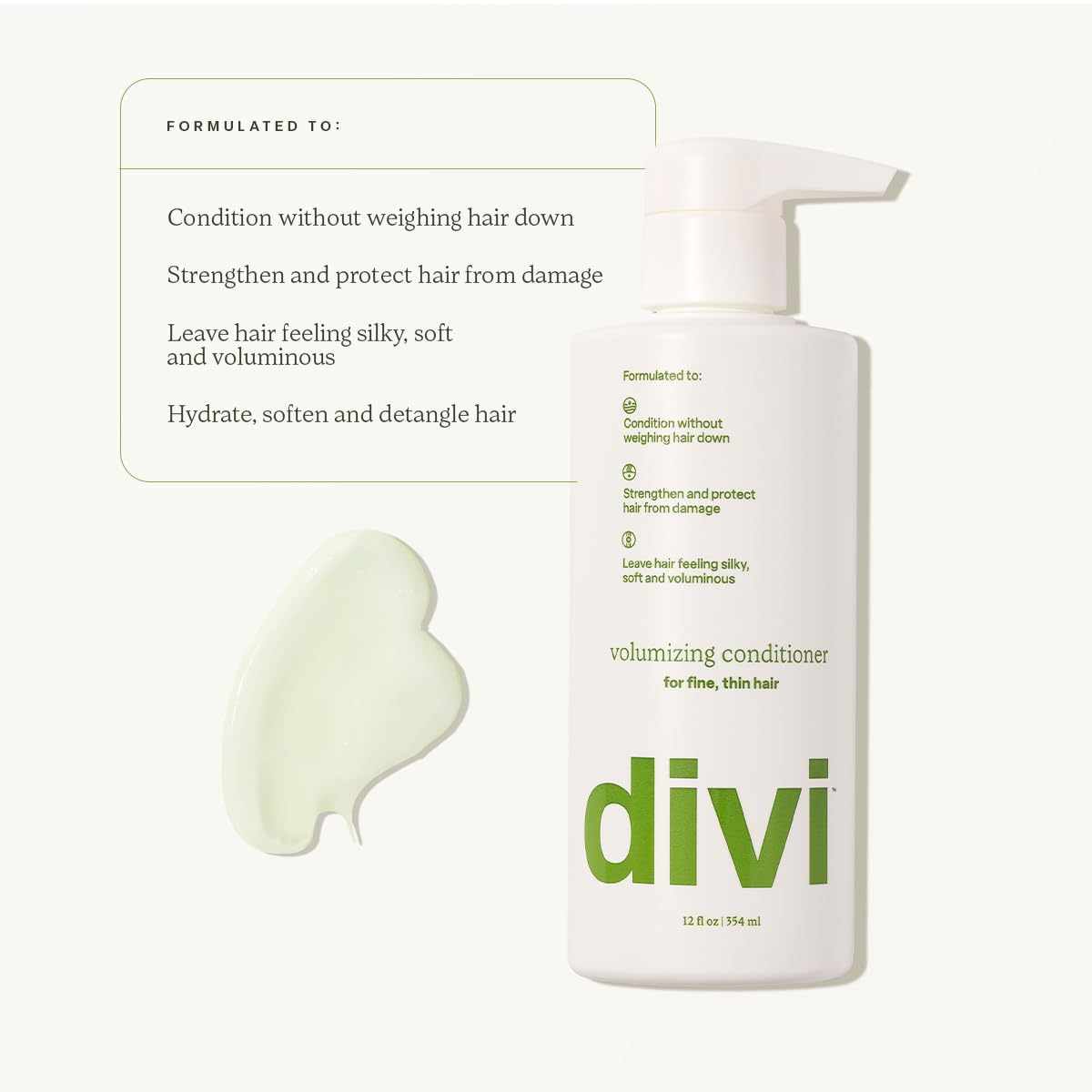 Divi Volumizing Conditioner bottle side view showing nourishment for thinning hair