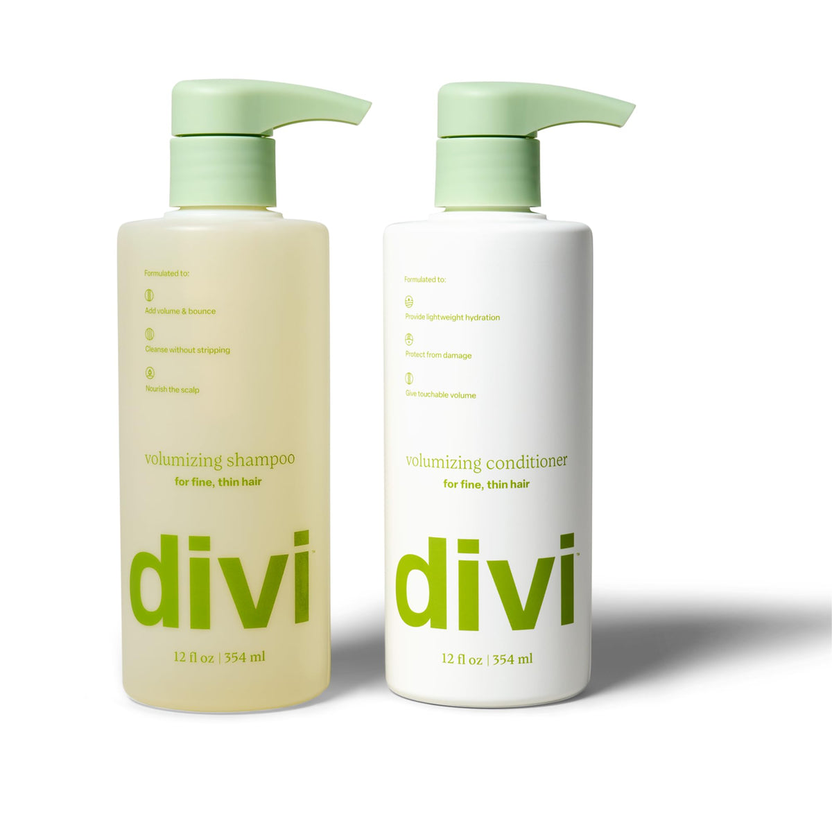 Divi Volumizing Shampoo bottle front view highlighting lightweight lift for fine hair