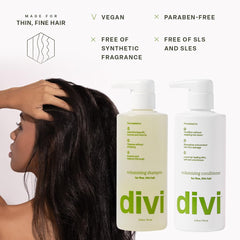 Divi Volumizing Shampoo bottle side view emphasizing clean, gentle daily use