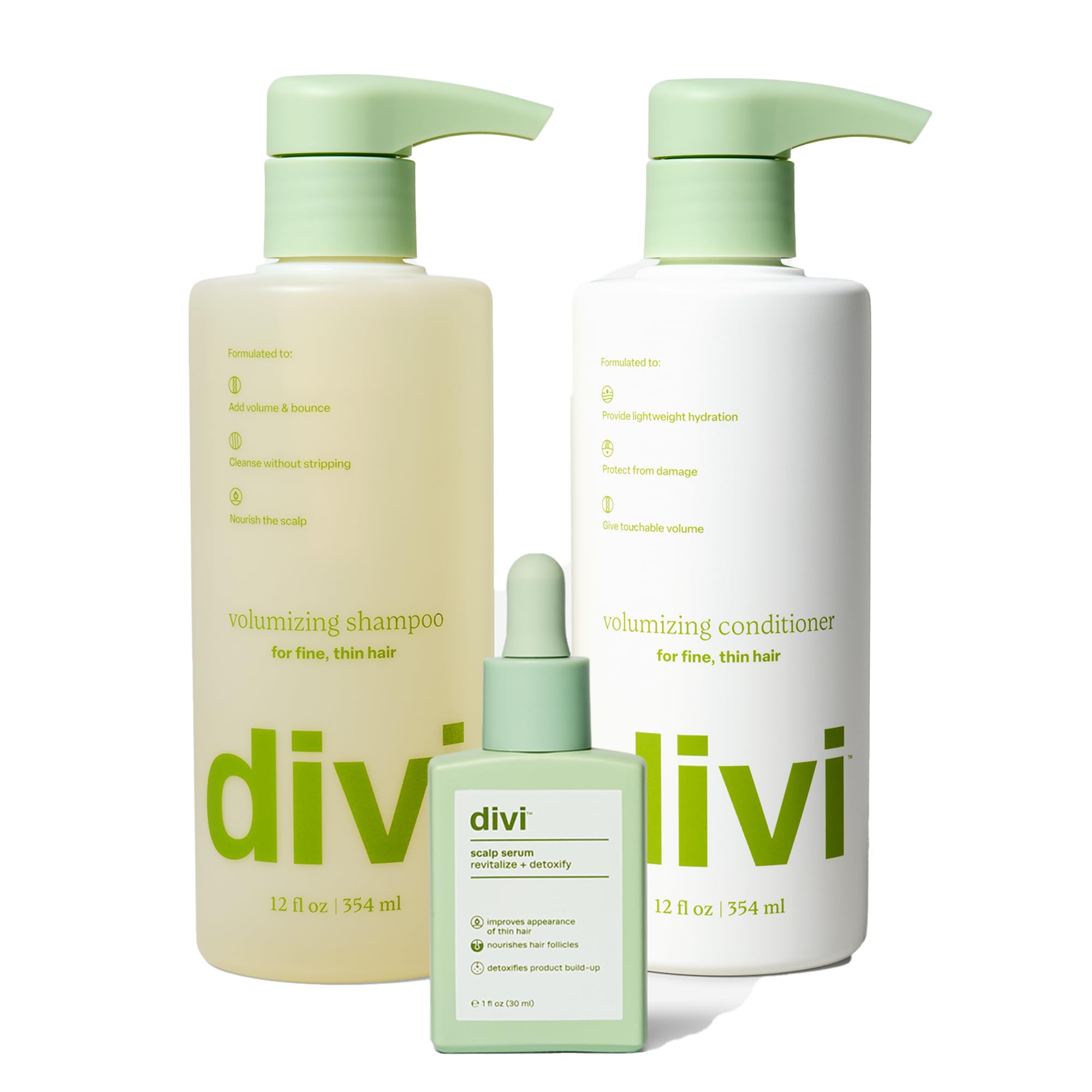 Divi Volumizing Shampoo bottle offering lightweight lift for fine hair.