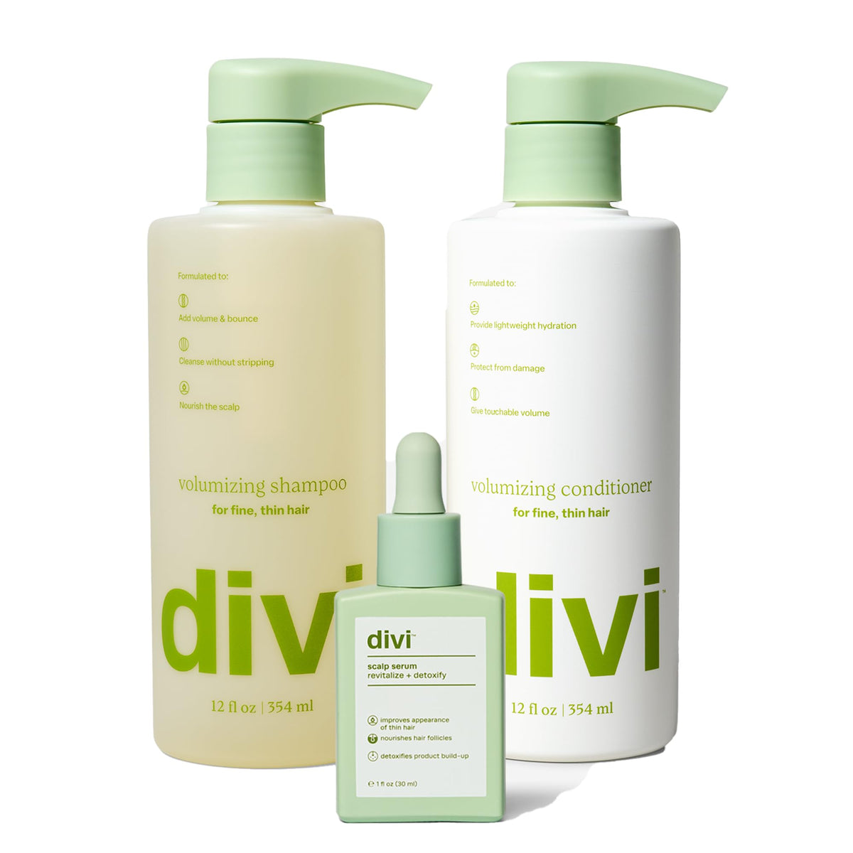 Divi Volumizing Shampoo bottle offering lightweight lift for fine hair.