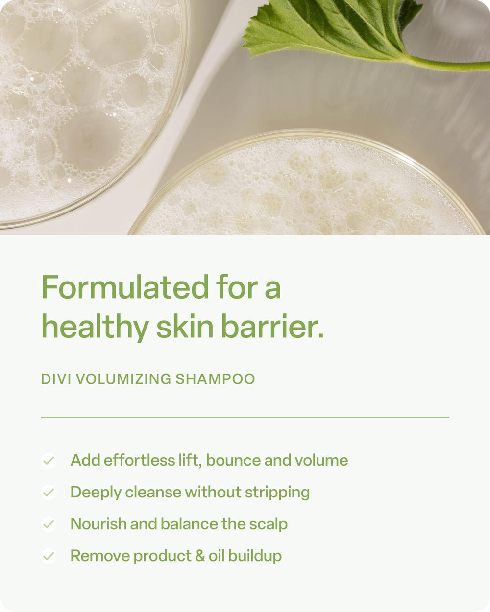 Divi Volumizing Shampoo showing light lather for fine hair.