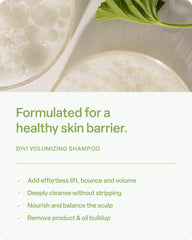 Divi Volumizing Shampoo showing light lather for fine hair.