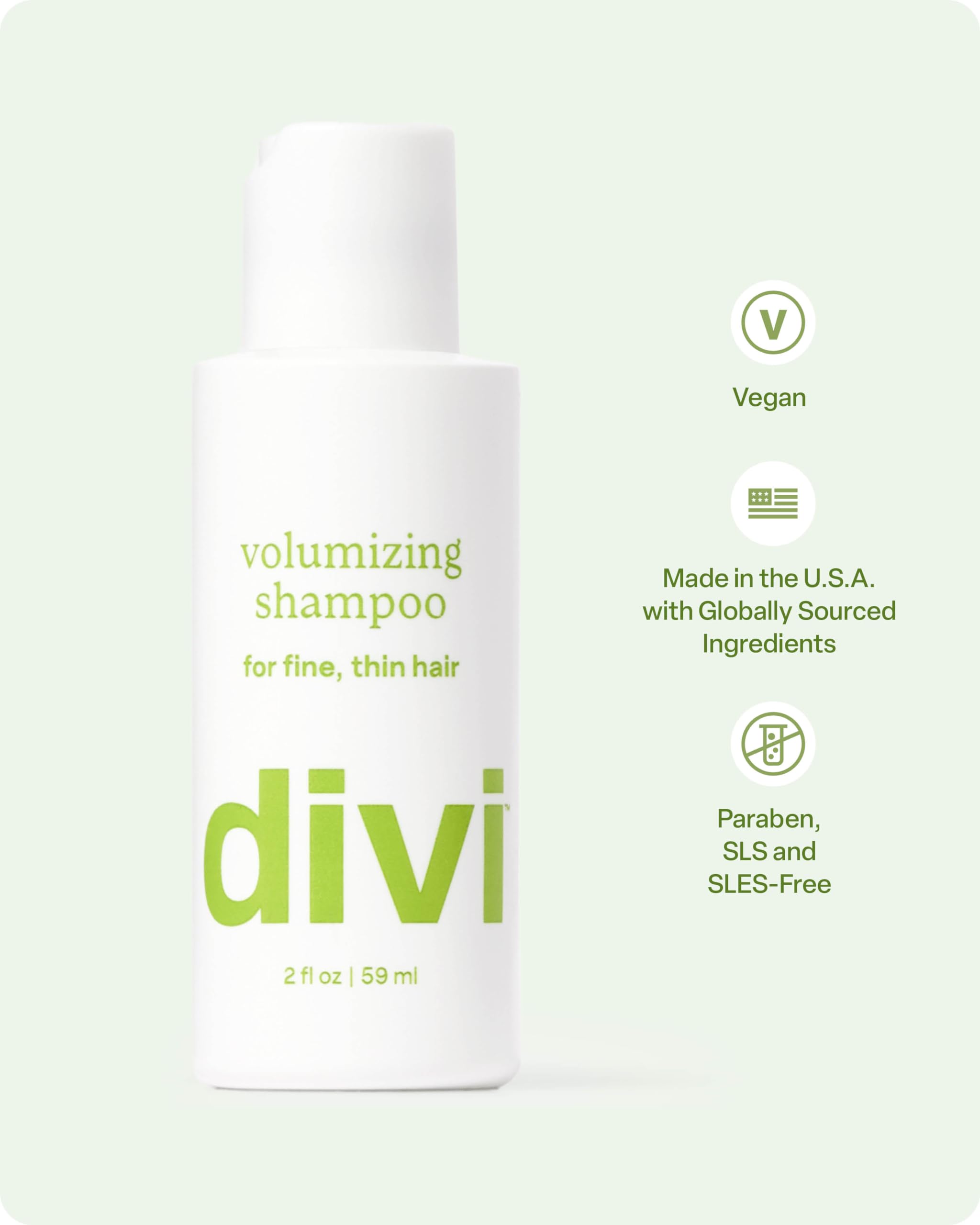 Divi Volumizing Shampoo packaging beside conditioner for travel-ready routine.