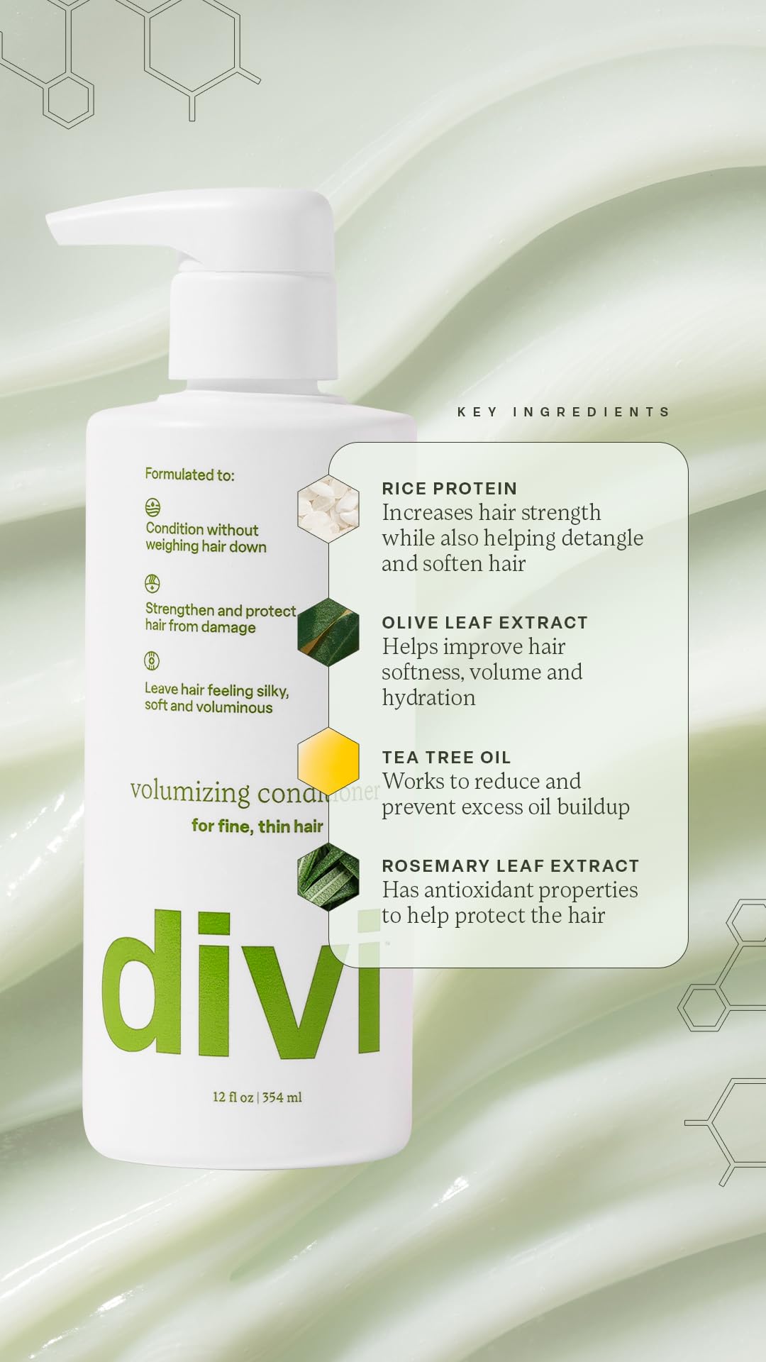 Divi Volumizing Shampoo splash shot focusing on rich lather and fresh scent