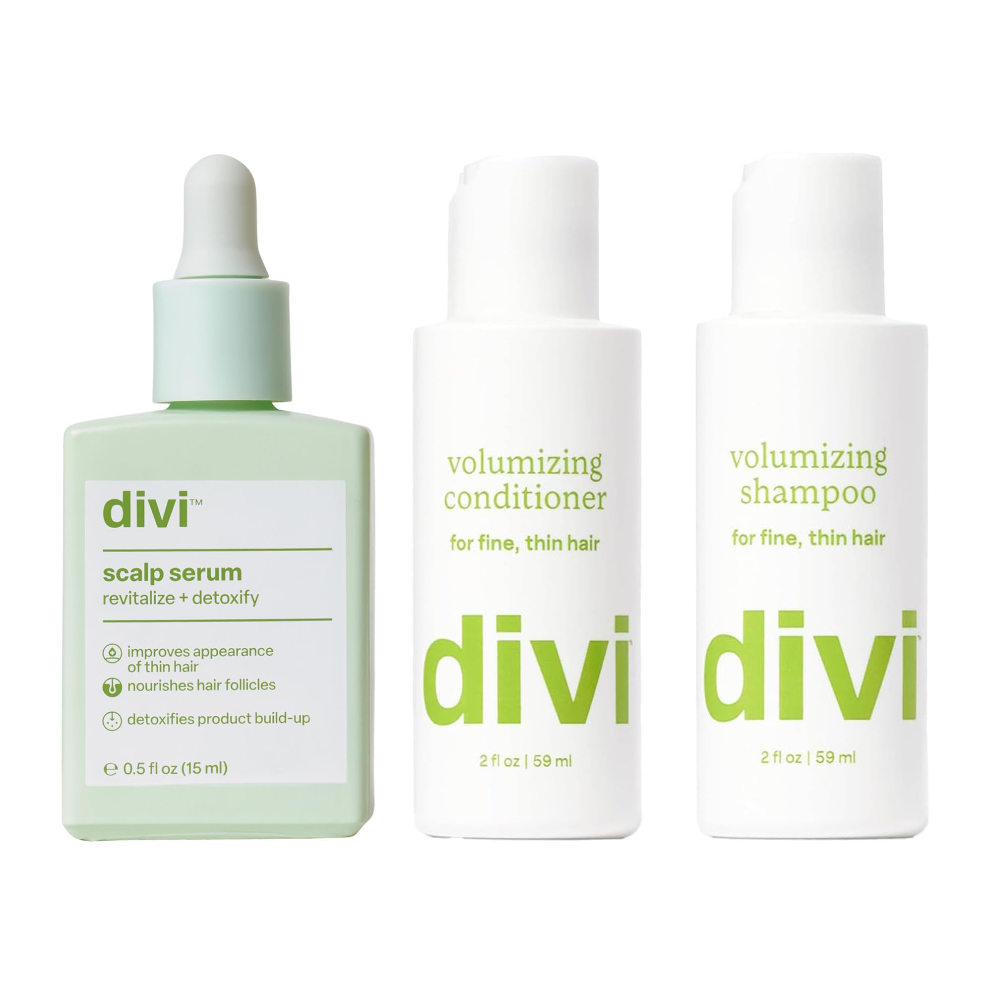 Divi Volumizing Shampoo travel size bottle highlights lightweight lift and volume