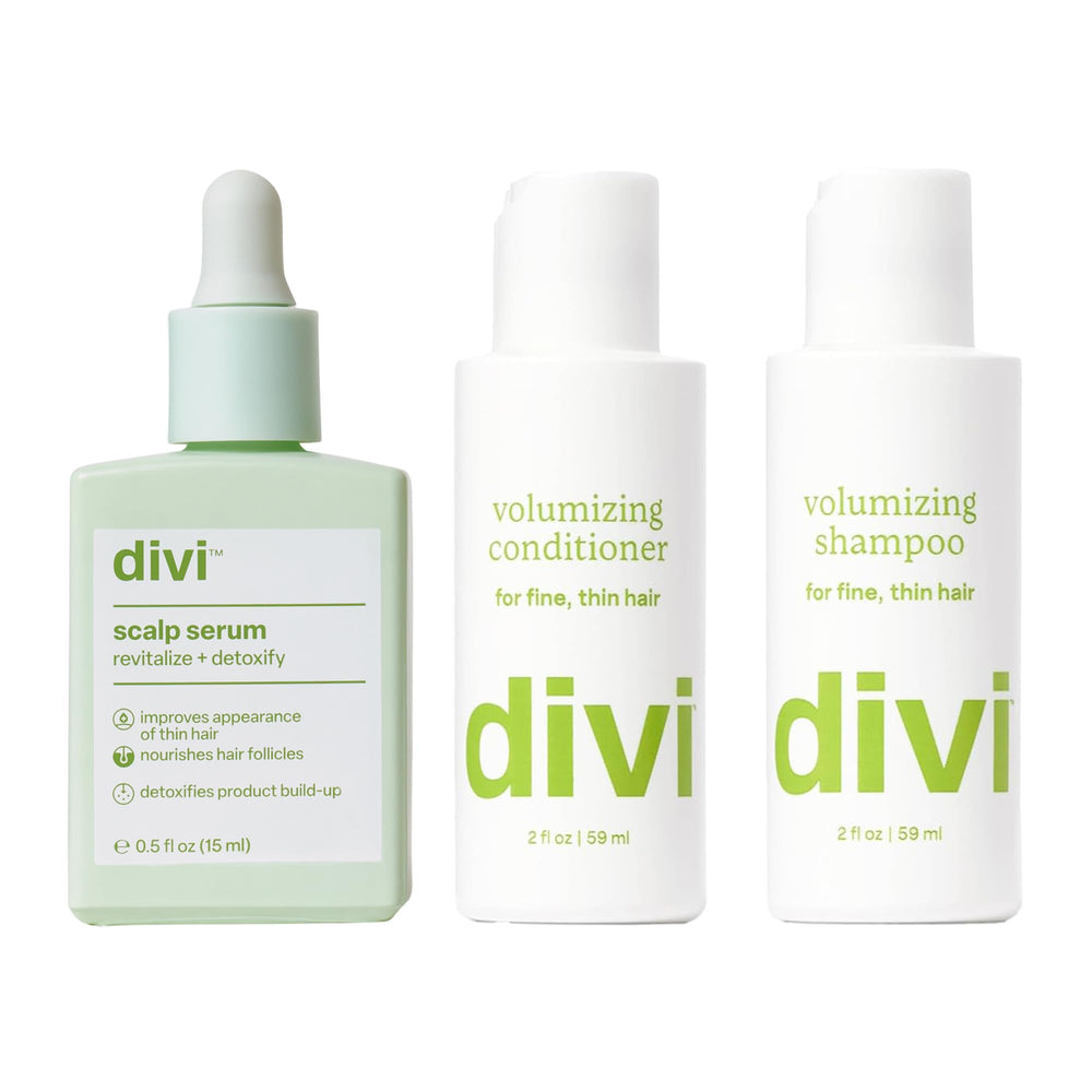 Divi Volumizing Shampoo travel size bottle highlights lightweight lift and volume
