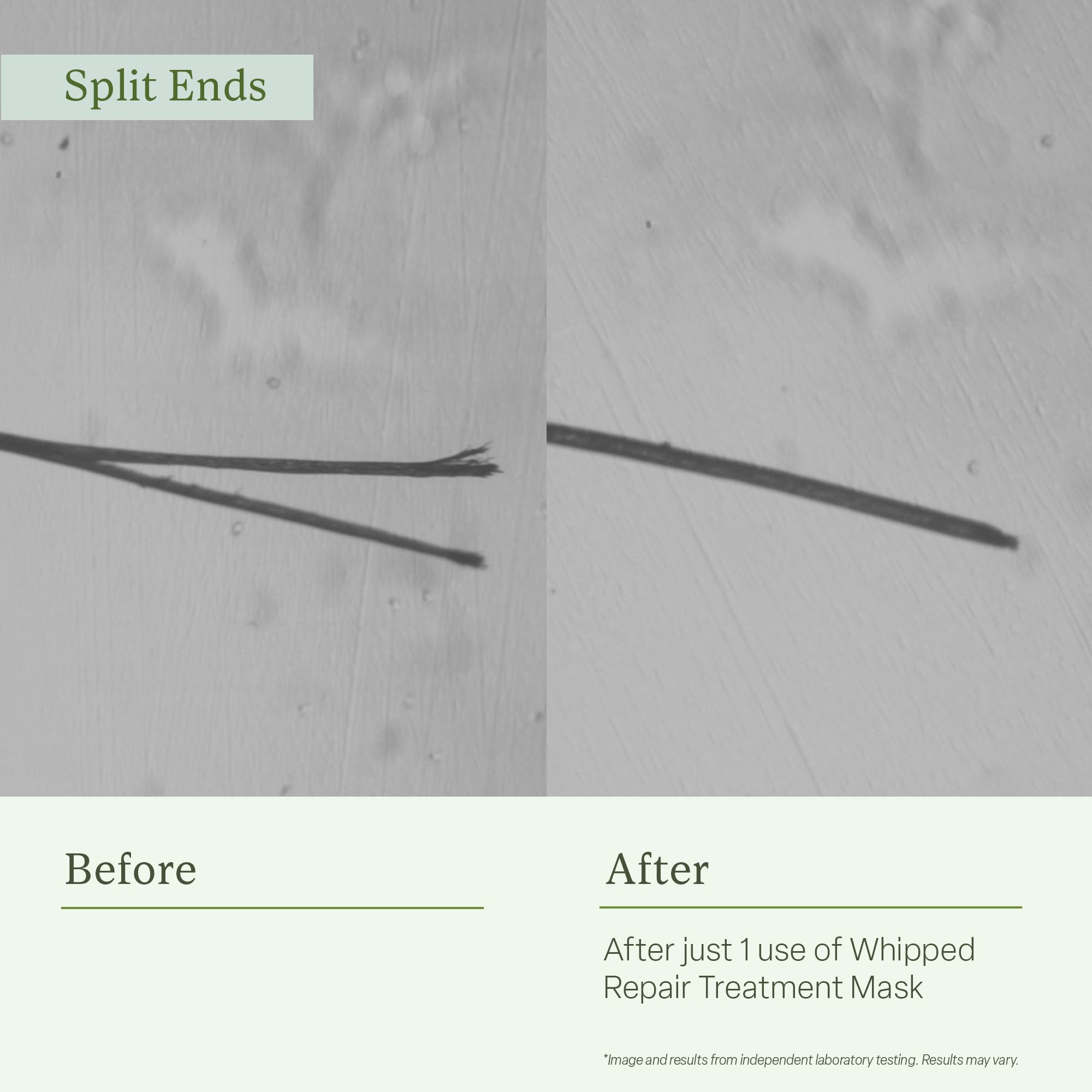Divi Whipped Repair Mask before-after showcase with reduced frizz and shine.