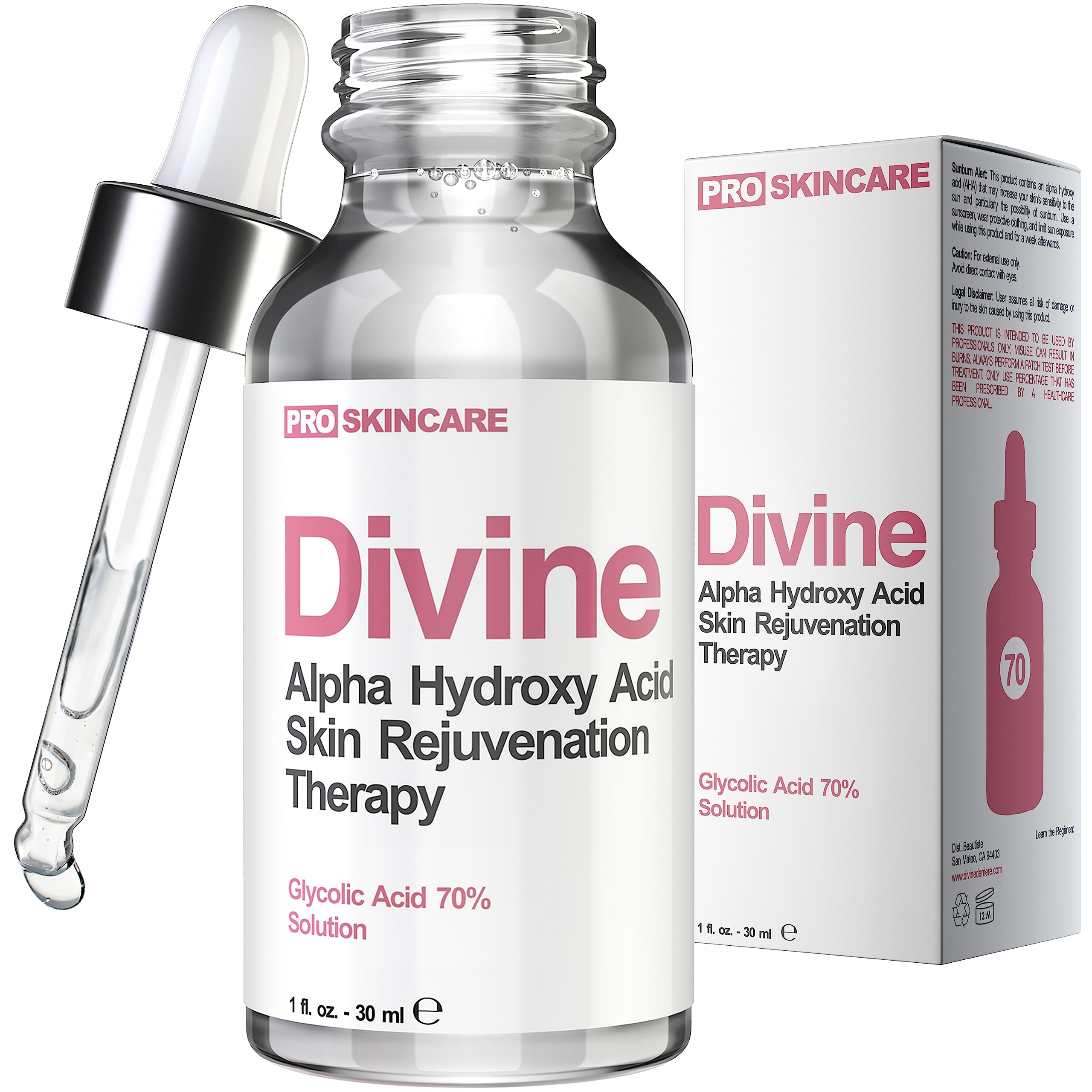 Divine Derriere glycolic acid peel 70% bottle shown, promotes smoother skin through exfoliation