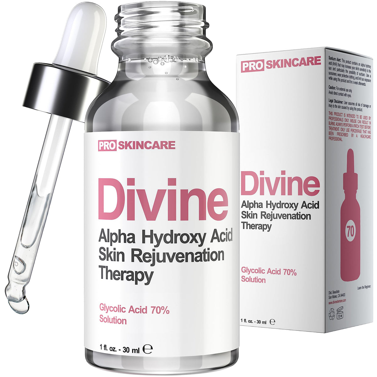 Divine Derriere glycolic acid peel 70% bottle shown, promotes smoother skin through exfoliation