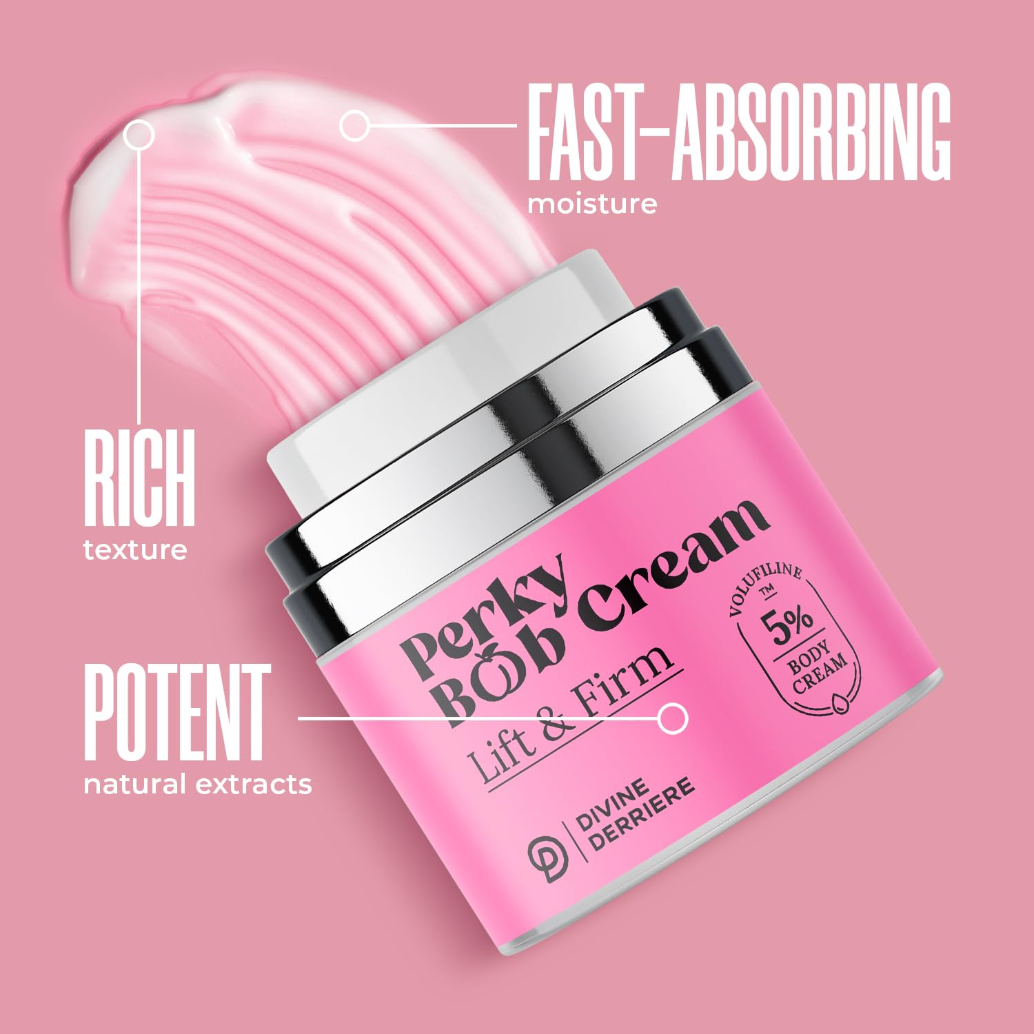Pump dispenser demonstrates easy, mess-free application of Perky Body Cream.