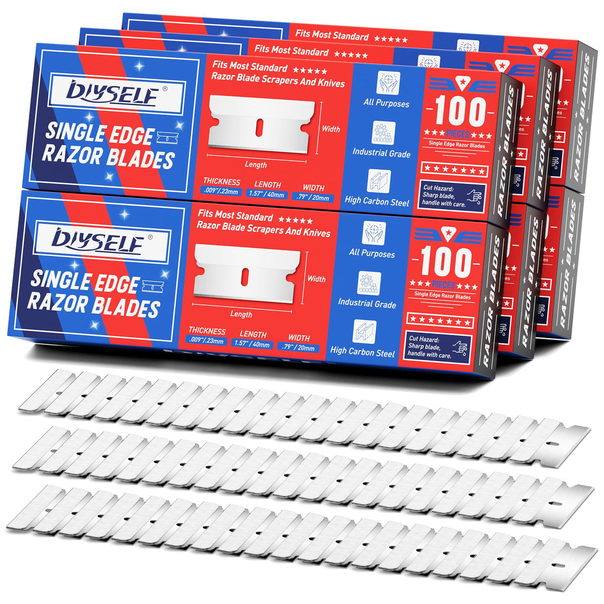 DIYSELF 600-pack single-edge blades in packaging, ready for versatile cutting and precise box opening.