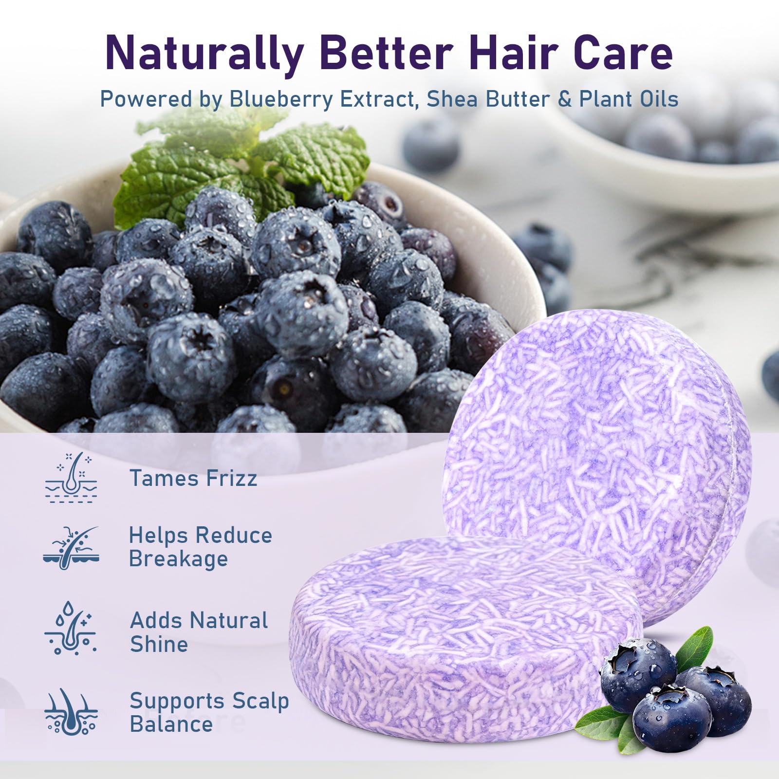 Dkwouzxsp blueberry shampoo bar in hand with lather for nourishing dry hair.