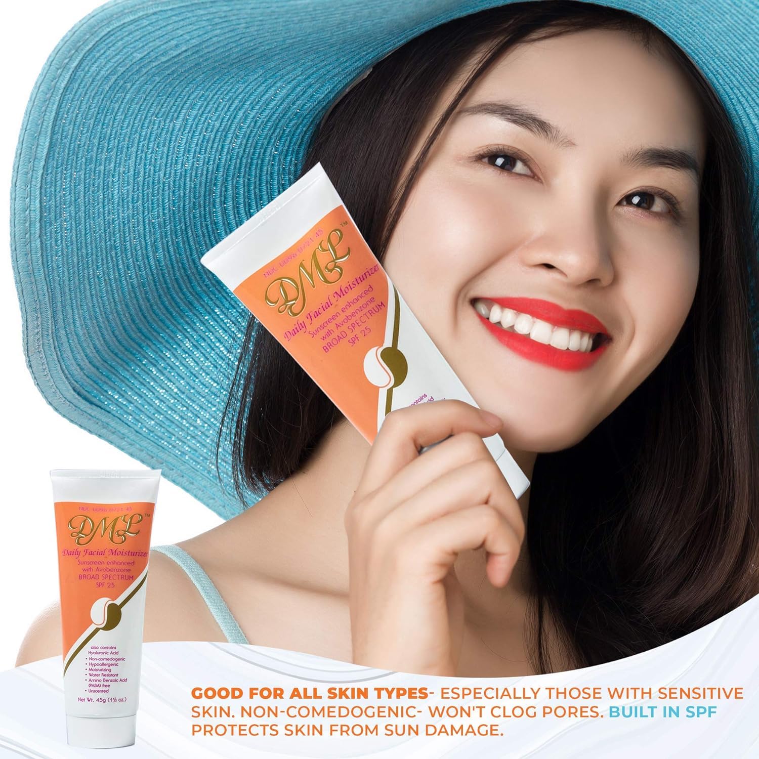 Close-up of DML SPF 25 label and creamy texture.
