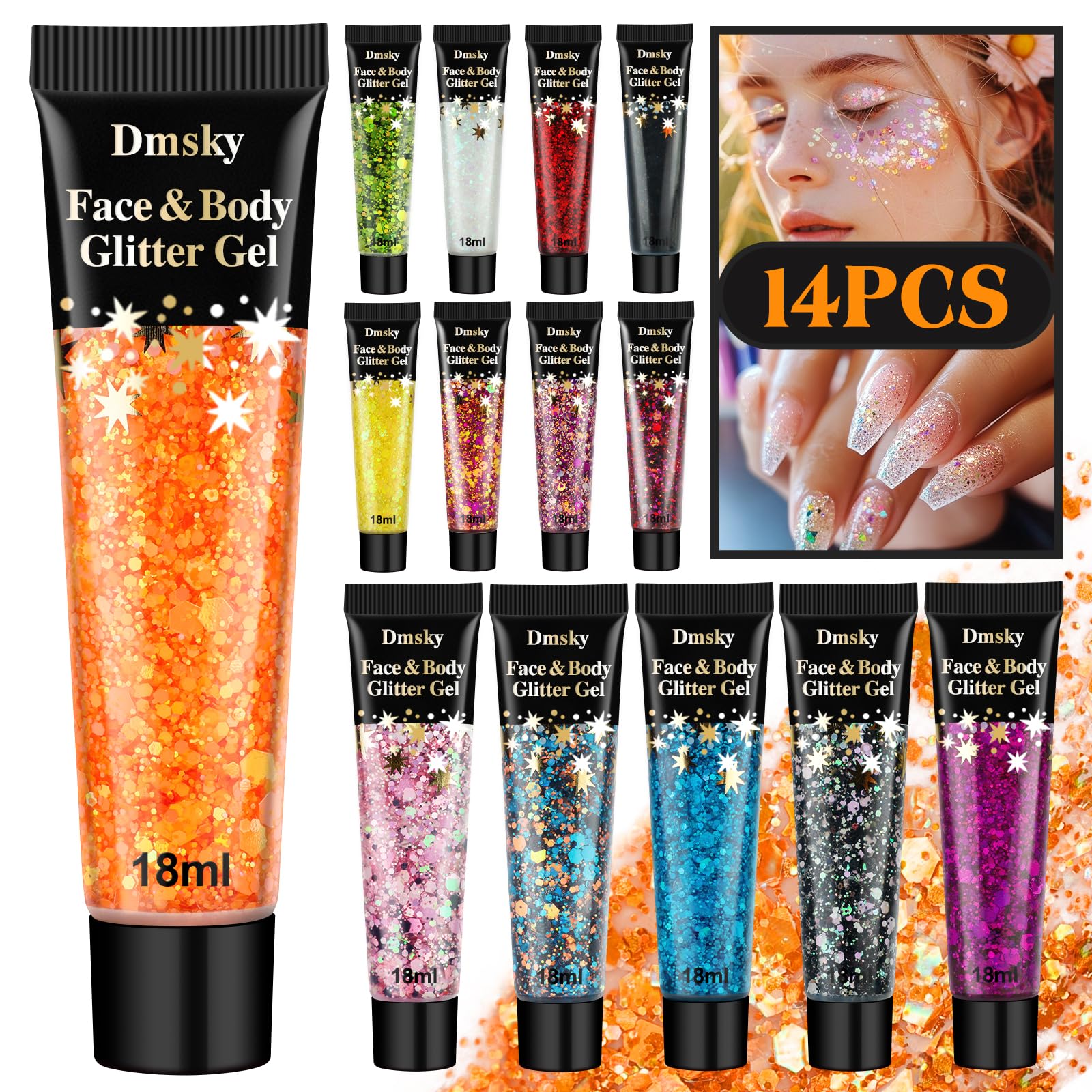 Dmsky glitter gel tube close-up shows vibrant color options.