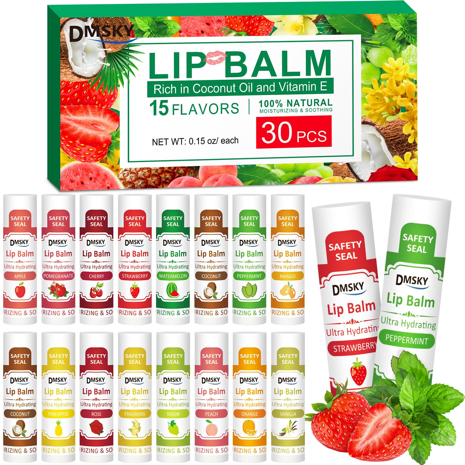 DMSKY lip balm 30-pack assortment showing 15 flavors for daily hydration