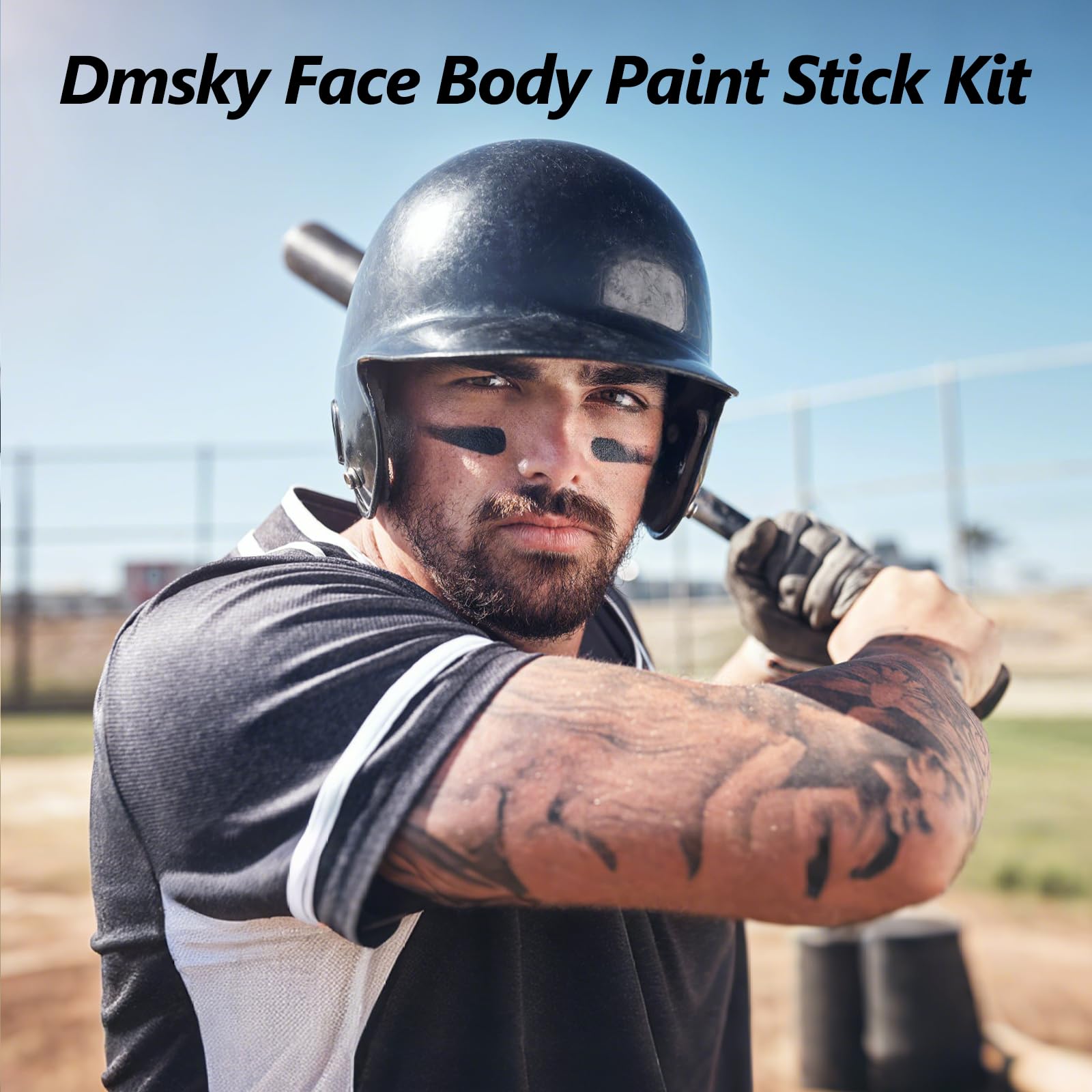 Dmsky eye-black sticks resist sweat during sunny game days.