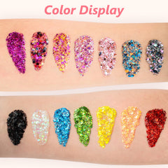 Dmsky glitter applied to eyes and lips for bold festival style.