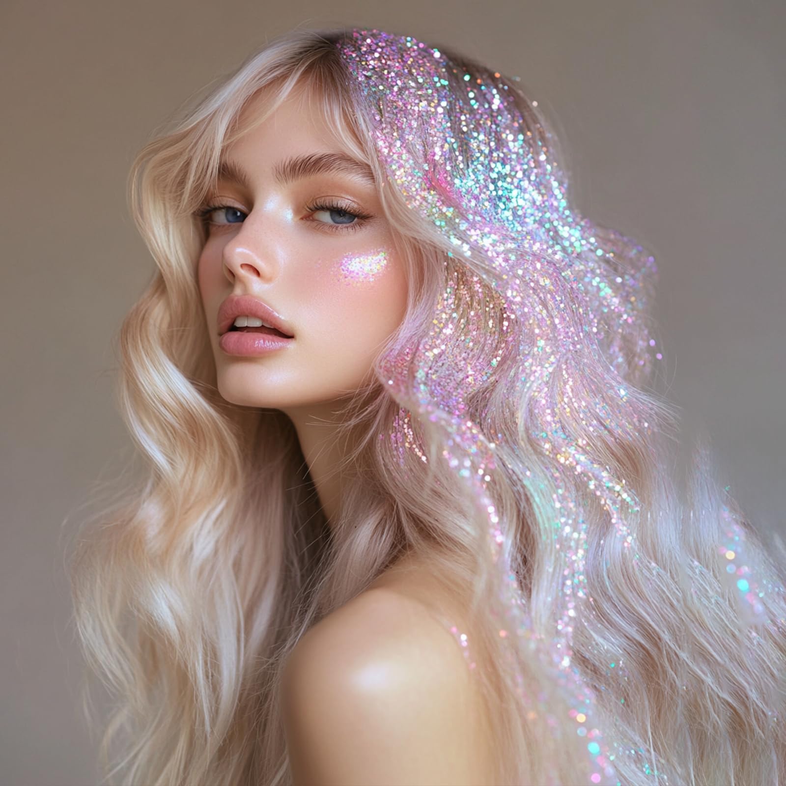 Dmsky glitter on the face for bold eye and lip accents.