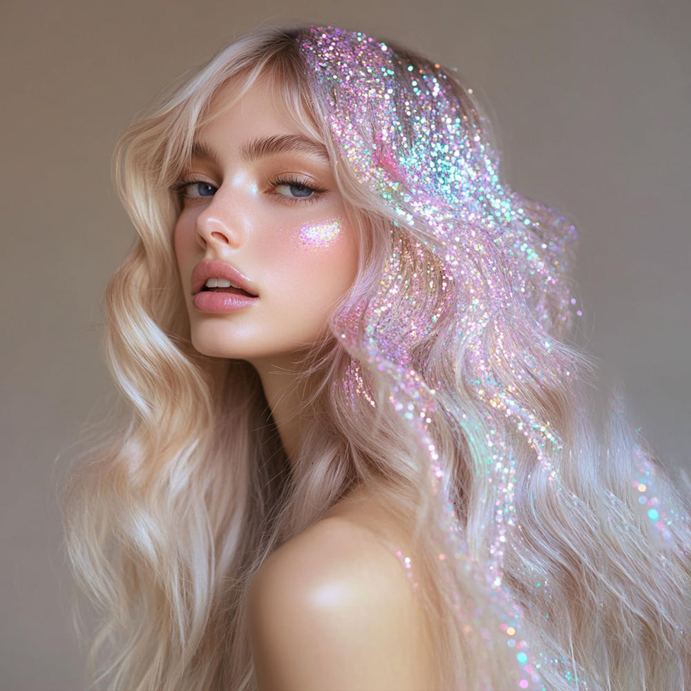 Dmsky glitter on the face for bold eye and lip accents.