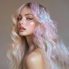 Dmsky glitter on the face for bold eye and lip accents.