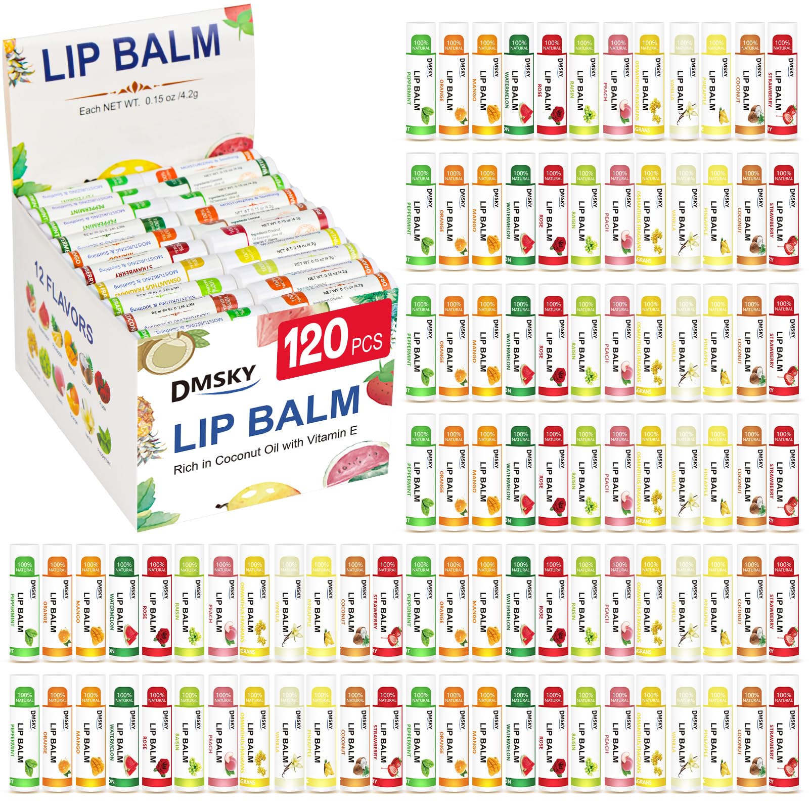 Dmsky lip balm 120-pack packaging front view for bulk gifting.