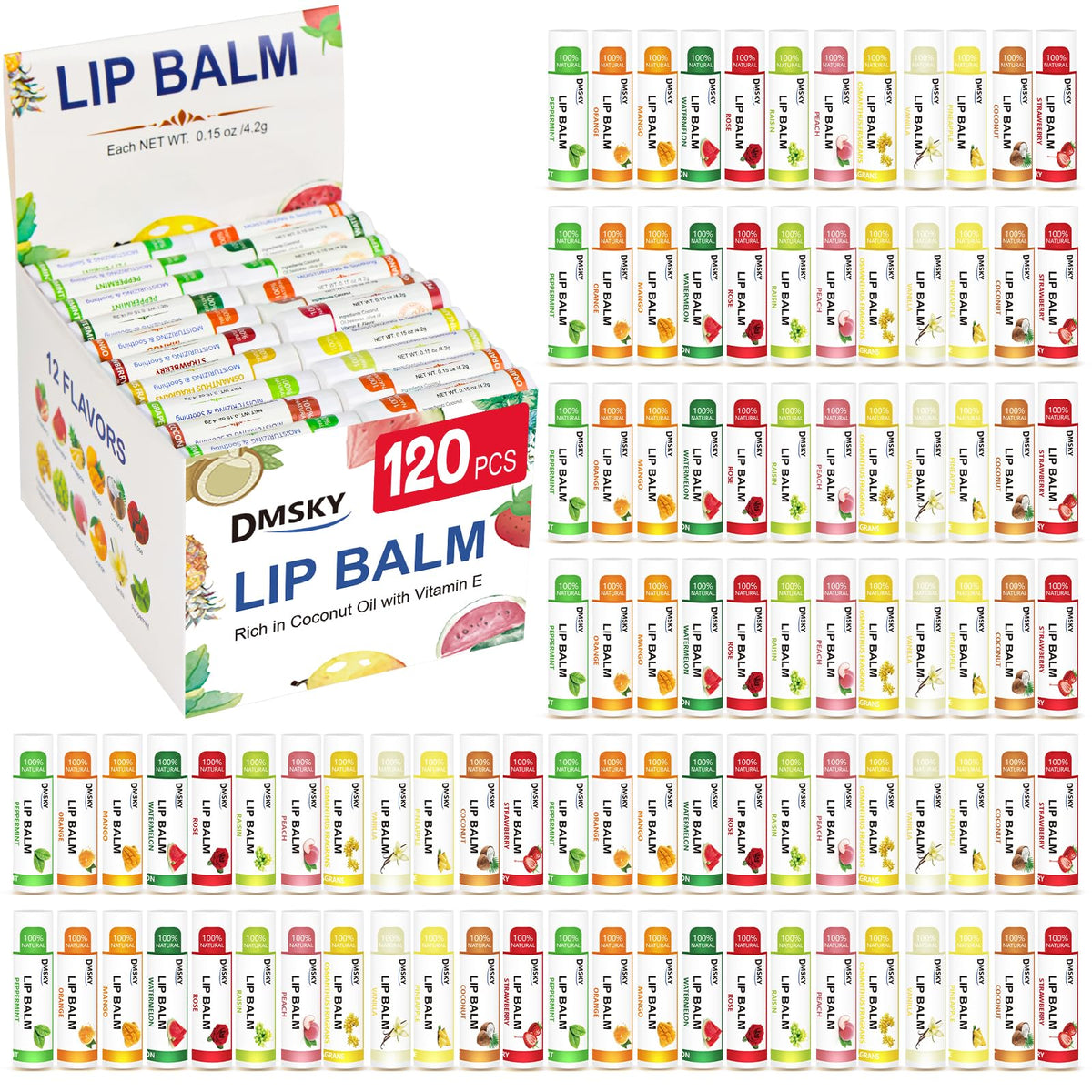Dmsky lip balm 120-pack packaging front view for bulk gifting.