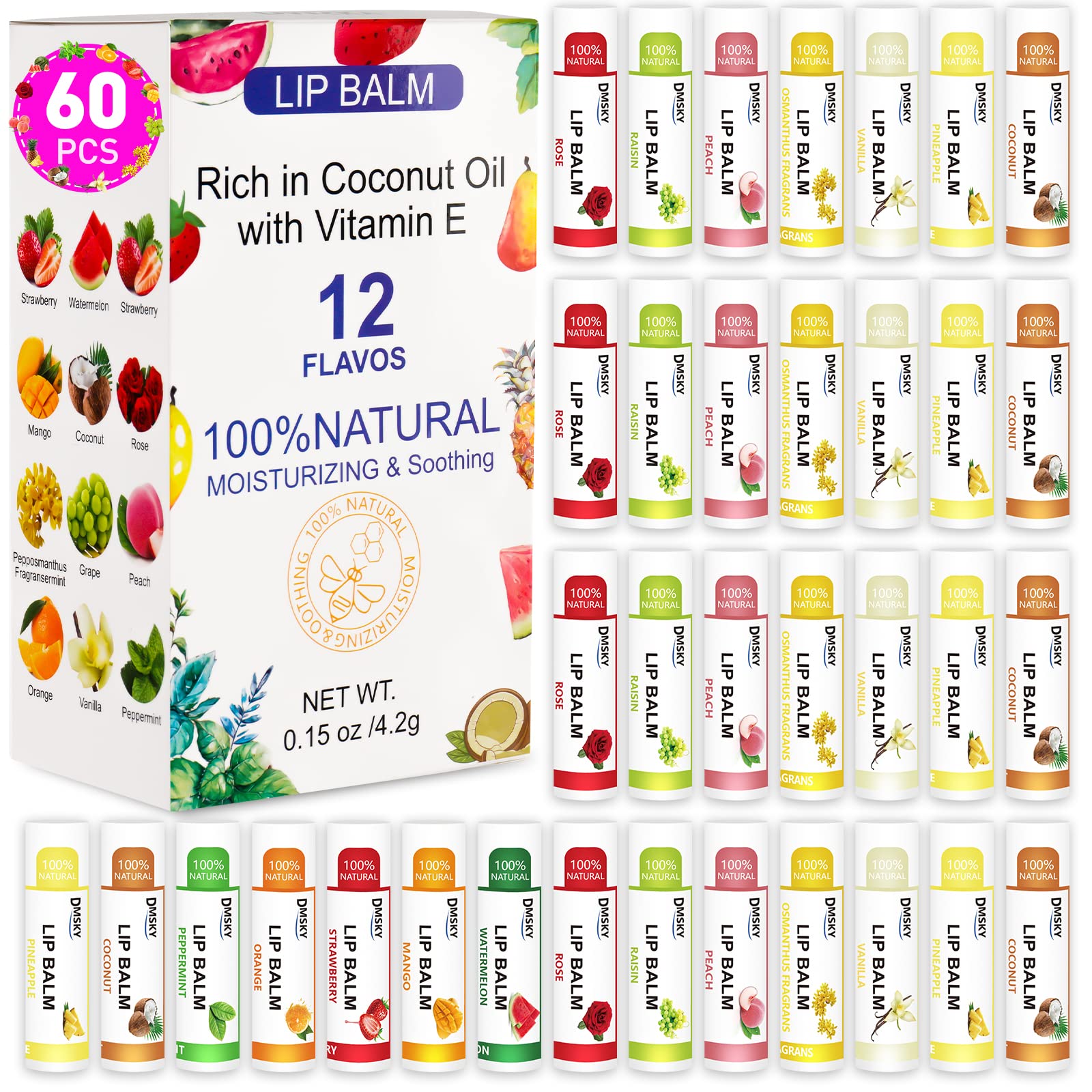 Dmsky lip balm 60-pack flavors display; fruity options for daily lip care.