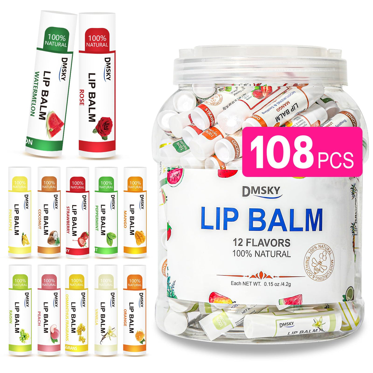 DMSKY Lip Balm bulk 108-pack with assorted flavors for gifting.