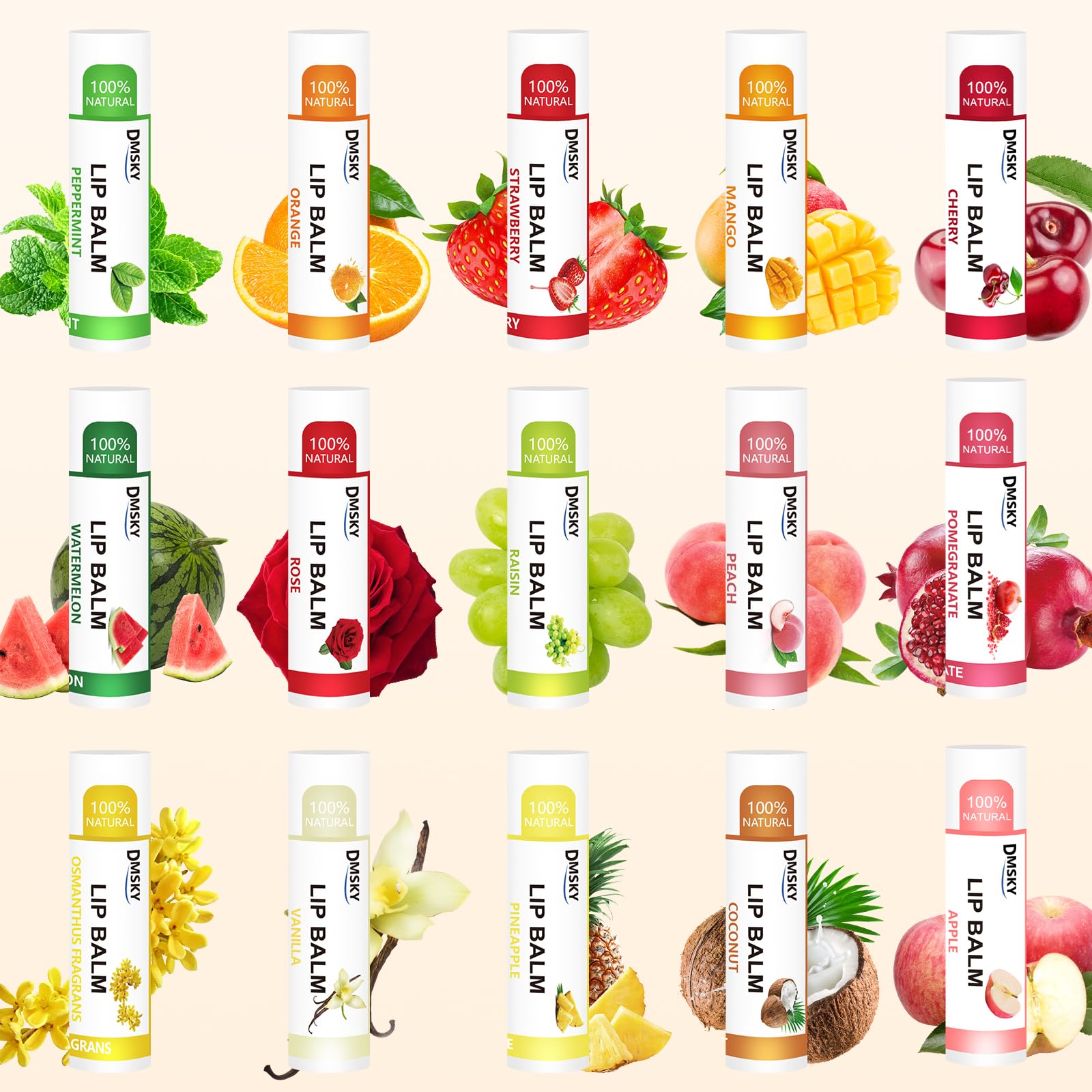 DMSKY lip balm flavor variety display highlights 15 subtle flavors for personalized lip care.