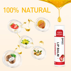 Dmsky lip balm with coconut oil and vitamin E; nourishing feel during wear.