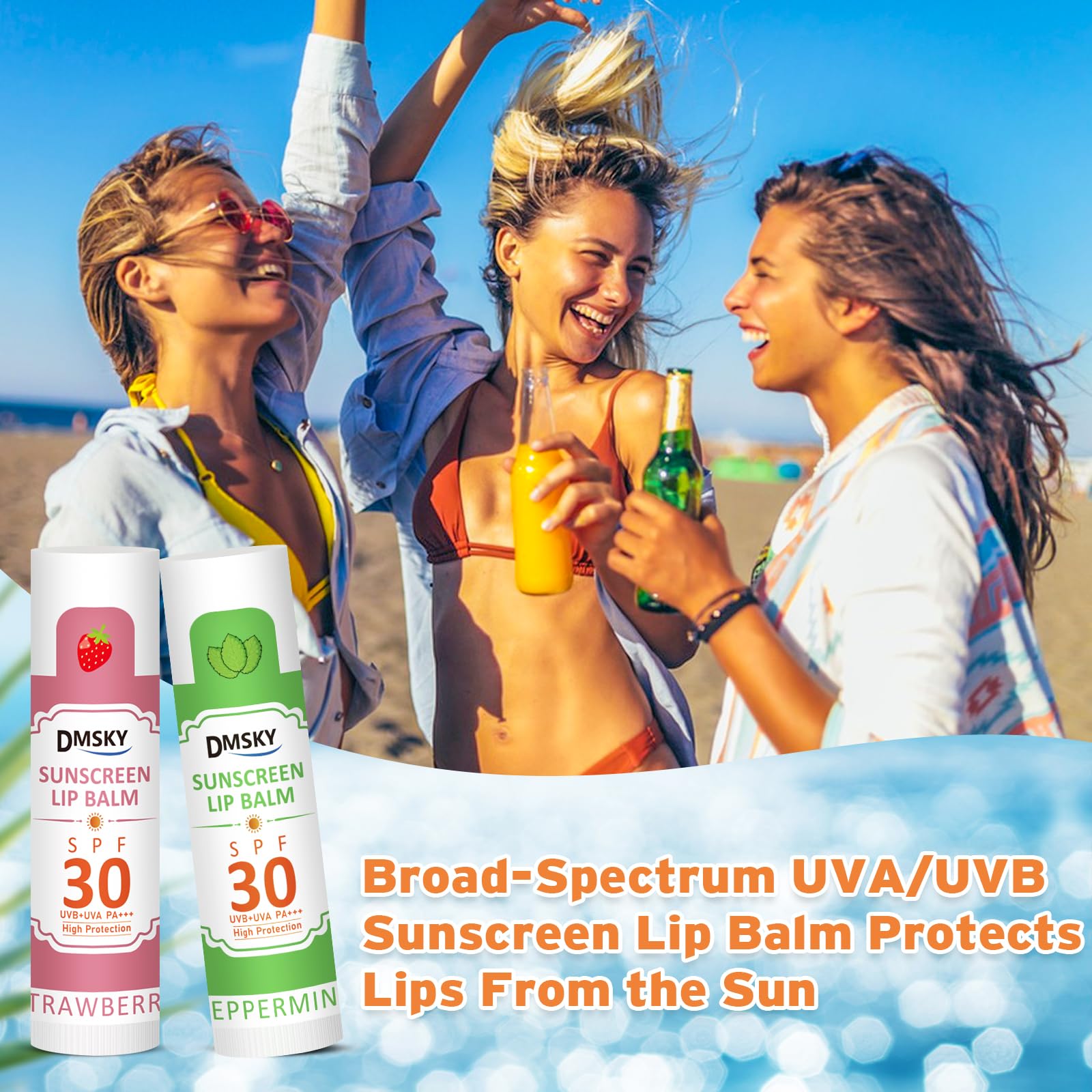 DMSKY SPF30 lip balm being applied for quick sun protection.