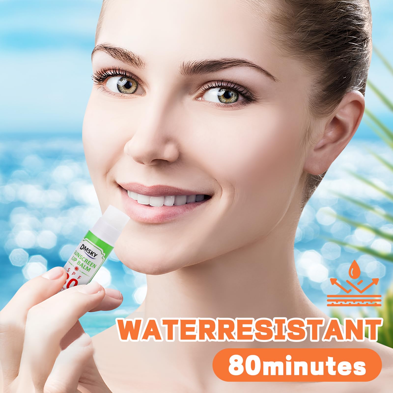 DMSKY SPF30 lip balm on sand evokes beach-ready care.