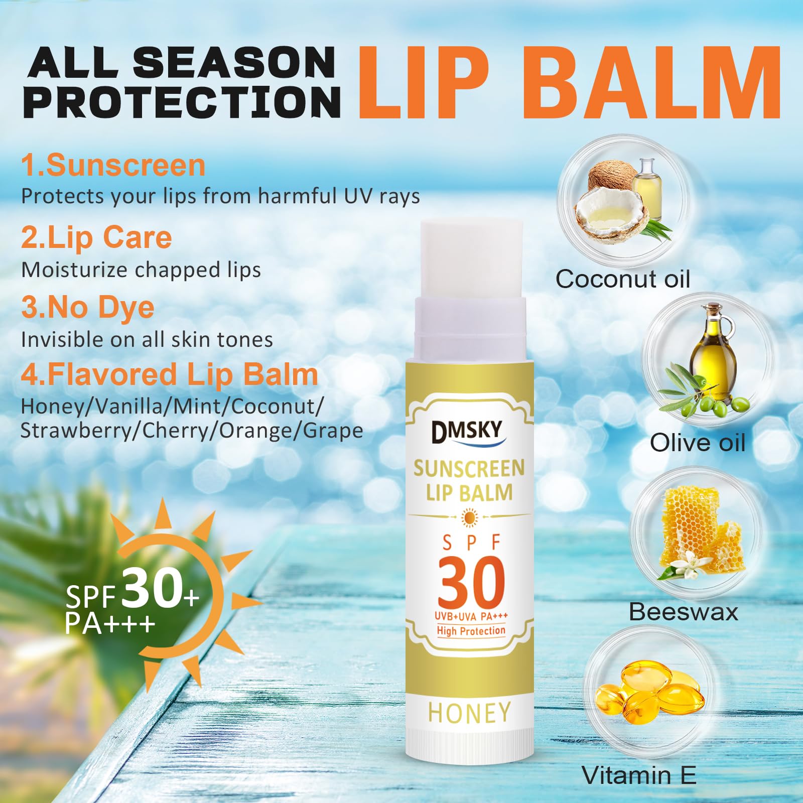 DMSKY lip balm SPF30 travel-size in bag ready for beach days.