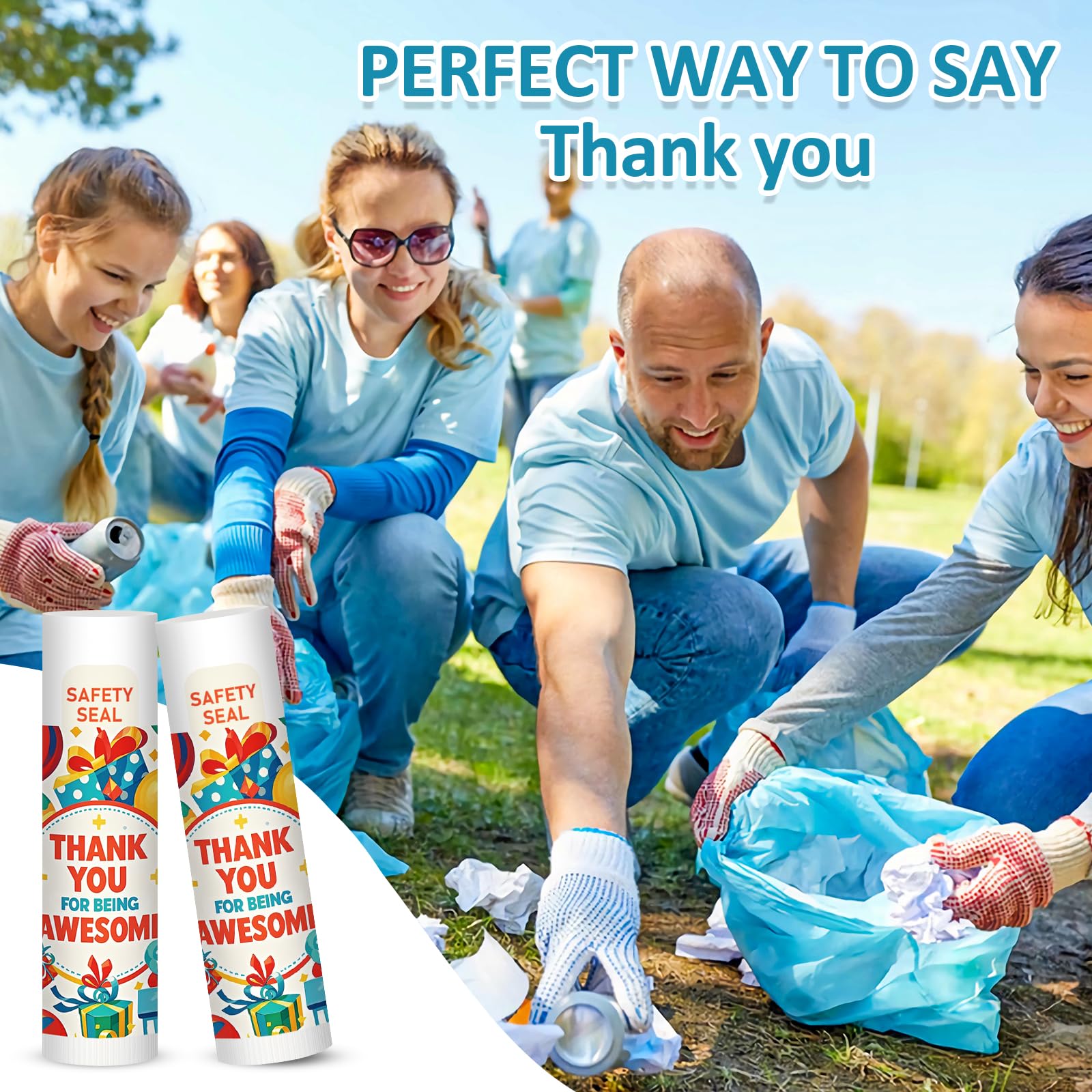 Dmsky lip balm design featuring a thank-you message for volunteers.