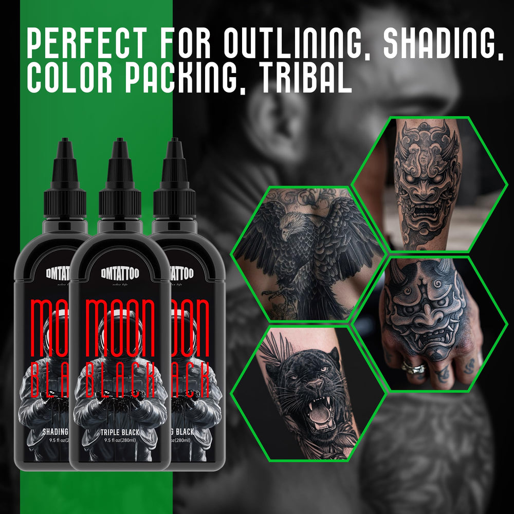DMTATTOO Tattoo Ink Lining Black 9.5oz demonstrates controlled application for crisp lines.