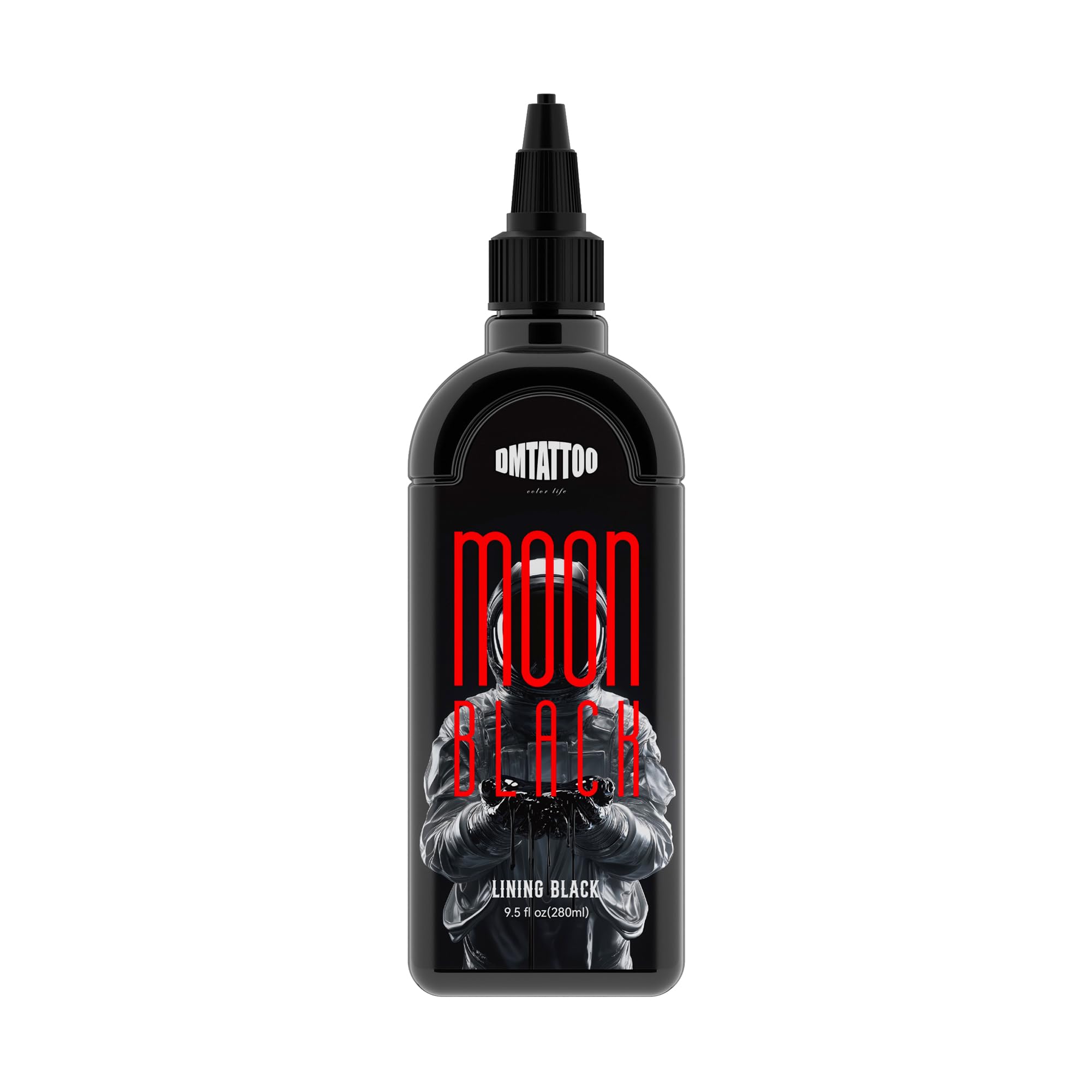 DMTATTOO Tattoo Ink Lining Black 9.5oz bottle cap showcases precise flow for clean outlines.