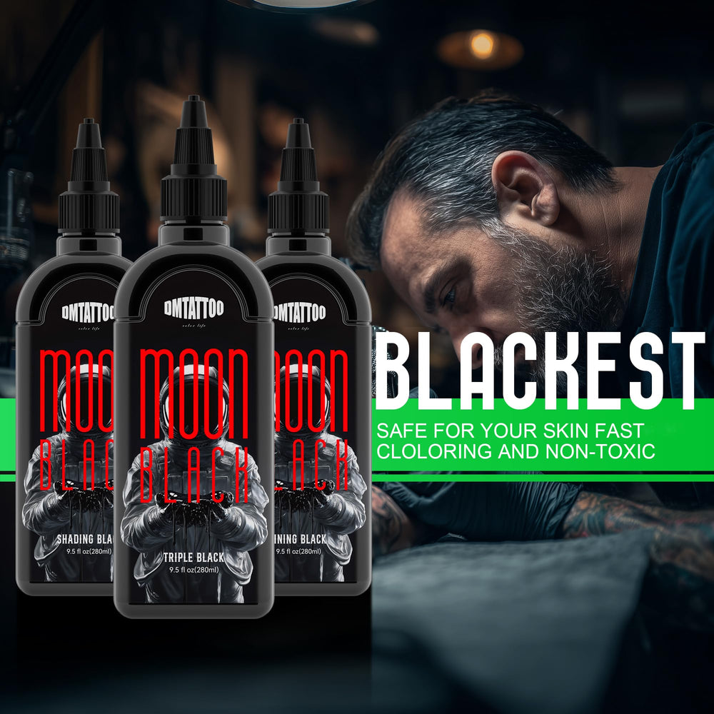 DMTATTOO Black tattoo ink demonstrates smooth pour and reliable consistency for steady outlining.