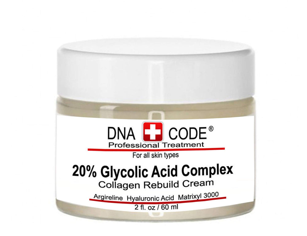 DNA Code anti-aging 20% glycolic cream bottle for radiant, smoother skin.