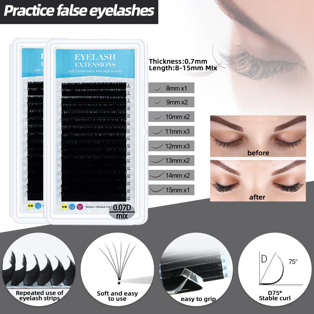 DNSGOOR d-curl lashes 0.07d 8-15mm for versatile practice lengths.