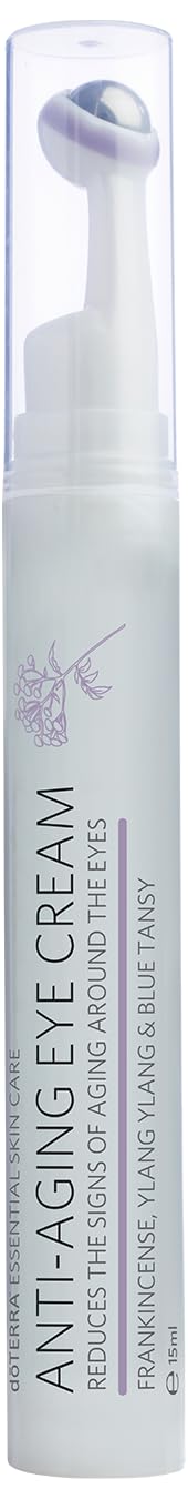 doTERRA Anti-Aging Eye Cream rollerball cools and hydrates delicate under-eye skin.